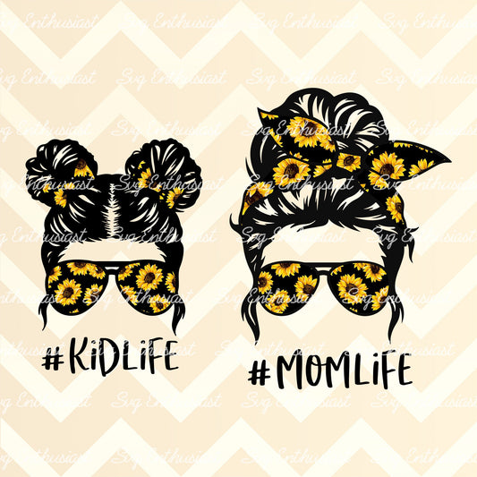 Matching Mom life Kid life sunflower messy bun PNG sublimation