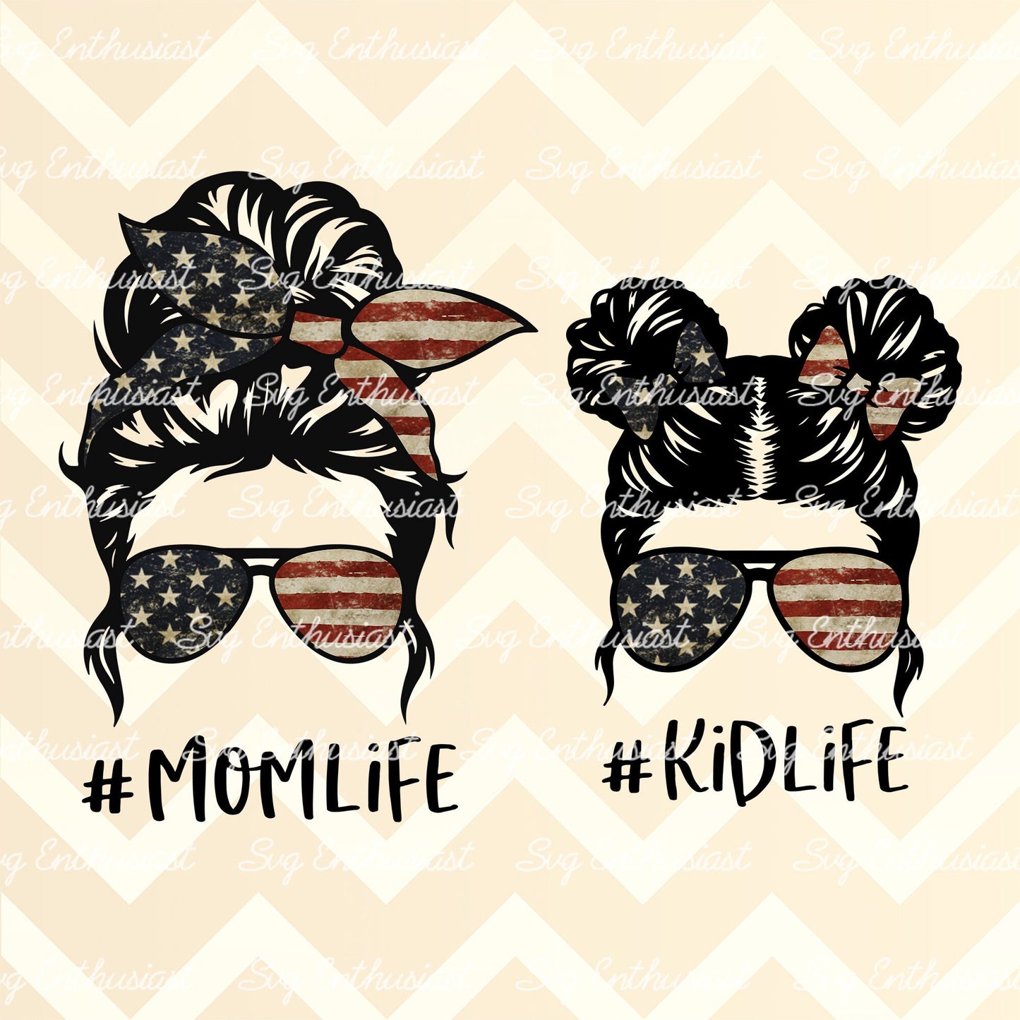 Matching Mom life Kid life American flag messy bun PNG sublimation