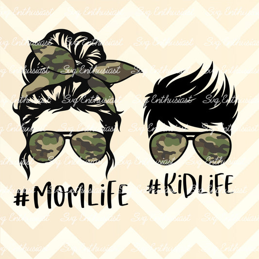 Camo Mom life messy bun - Camo Kid life PNG sublimation