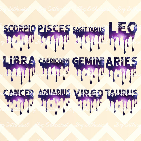 Zodiac signs galaxy drip bundle PNG sublimation