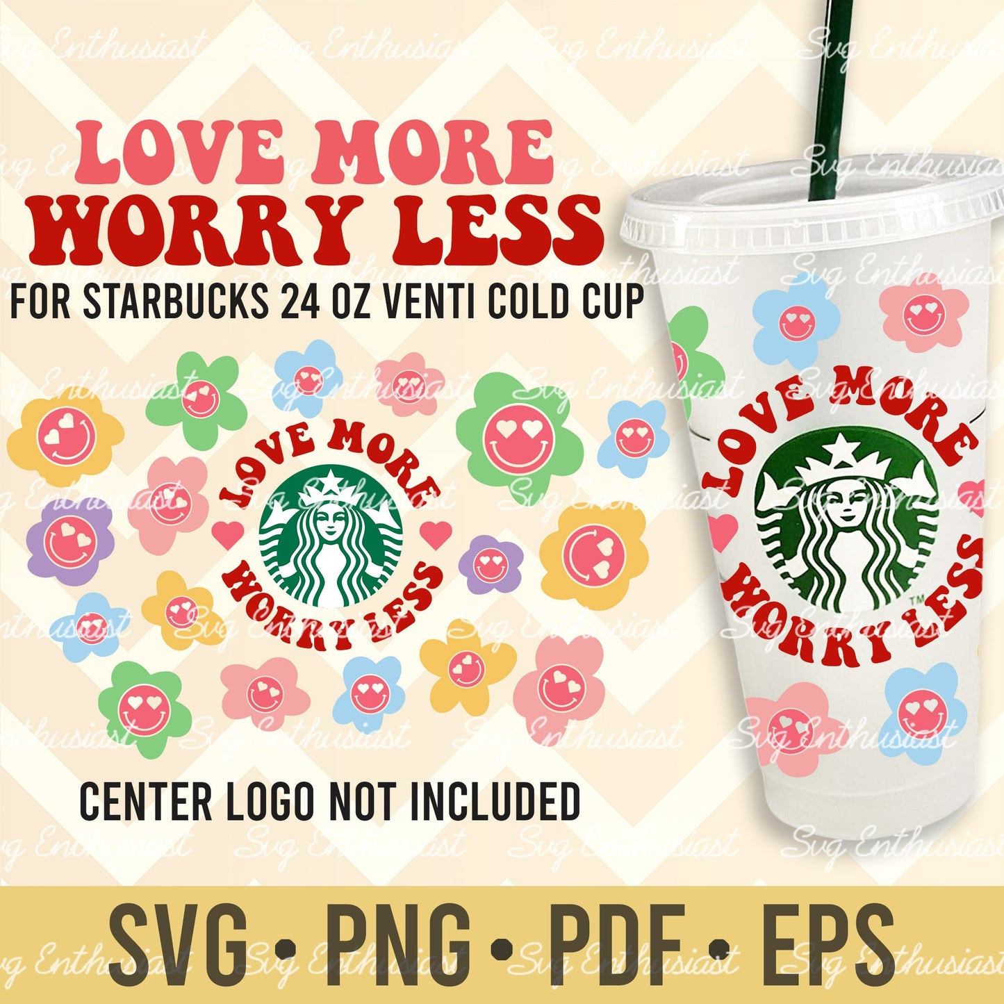 Love more worry less groovy flowers Starbucks Cup SVG PDF PNG DXF