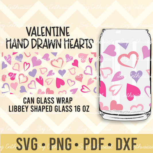 Hand drawn hearts print svg libbey 16oz can glass SVG PNG DXF